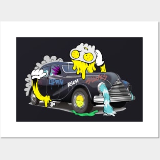 Dope mask cartoon man hugging a vintage car illustration Posters and Art